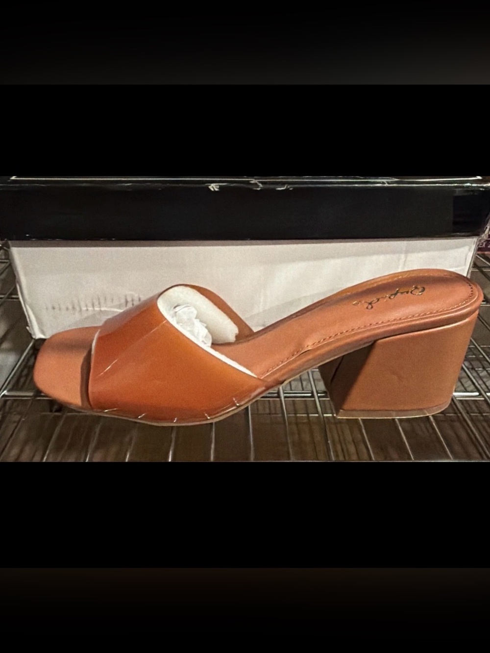 Qupid Women’s Katen-97 Heel Mule Sandals Cognac PU Leather Size 8 M US
